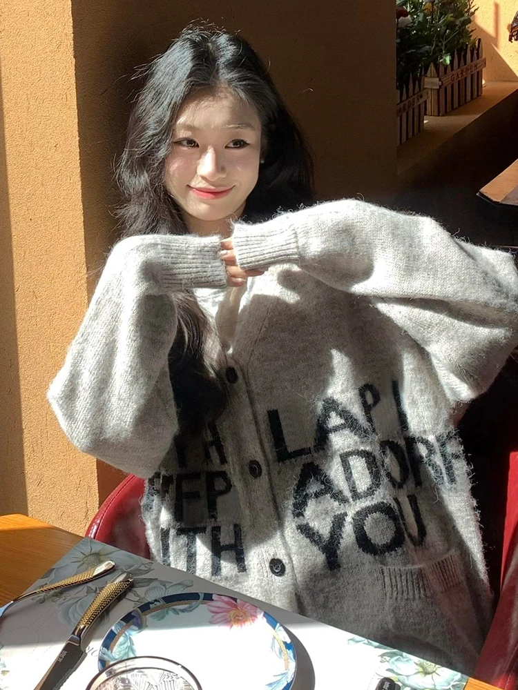 

Soft Cozy Women's Knitted Sweater V-Neck Letter Embroidery Vintage Loose Fit Open Cardigan Autumn Winter Street Style Top