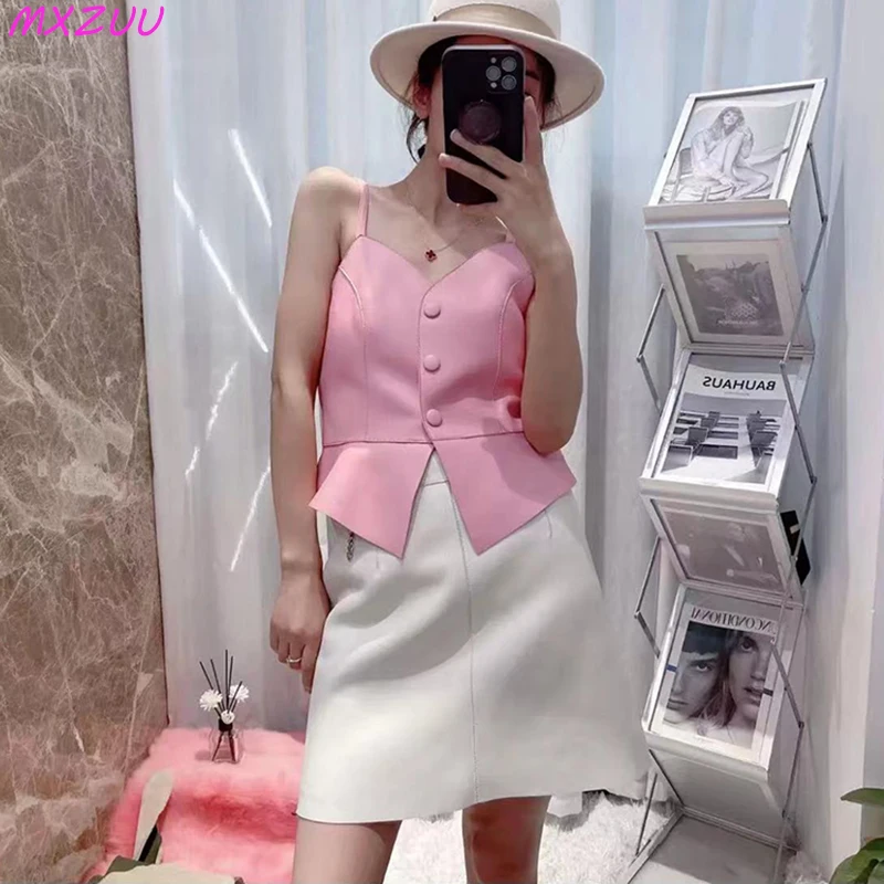 Genuine Leather Suspenders 2025 Women Spring Autumn Versatile Waist Closing Single Breasted Sleeveless Sheepskin Vest Tube Top