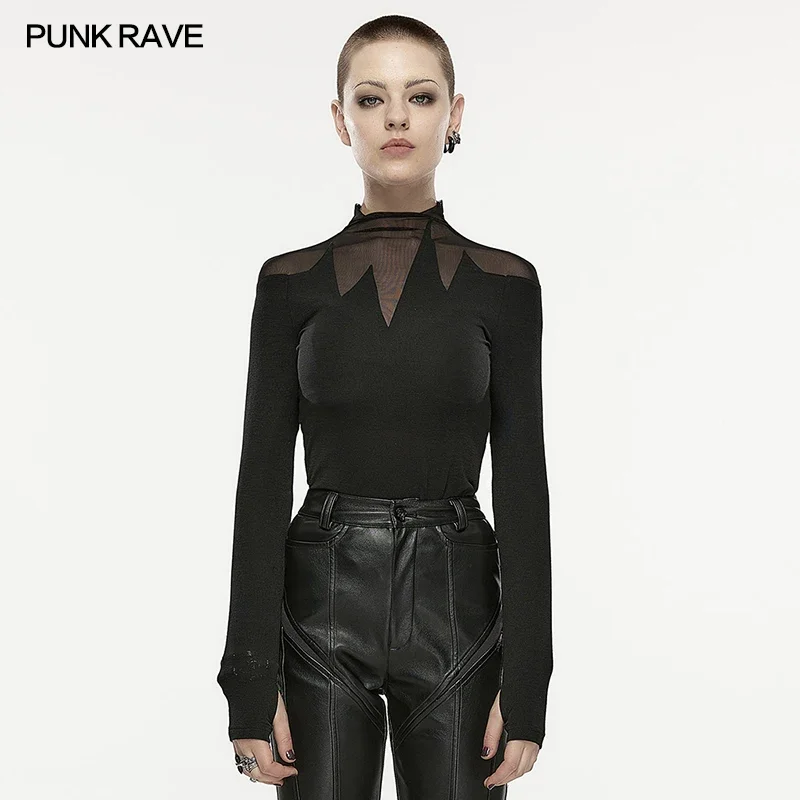 PUNK RAVE Women\'s Punk Heartbeat Mesh Long Sleeve T-shirt Daily  Stand Collar Finger Hole Design Dark Soft Elastic  Tops