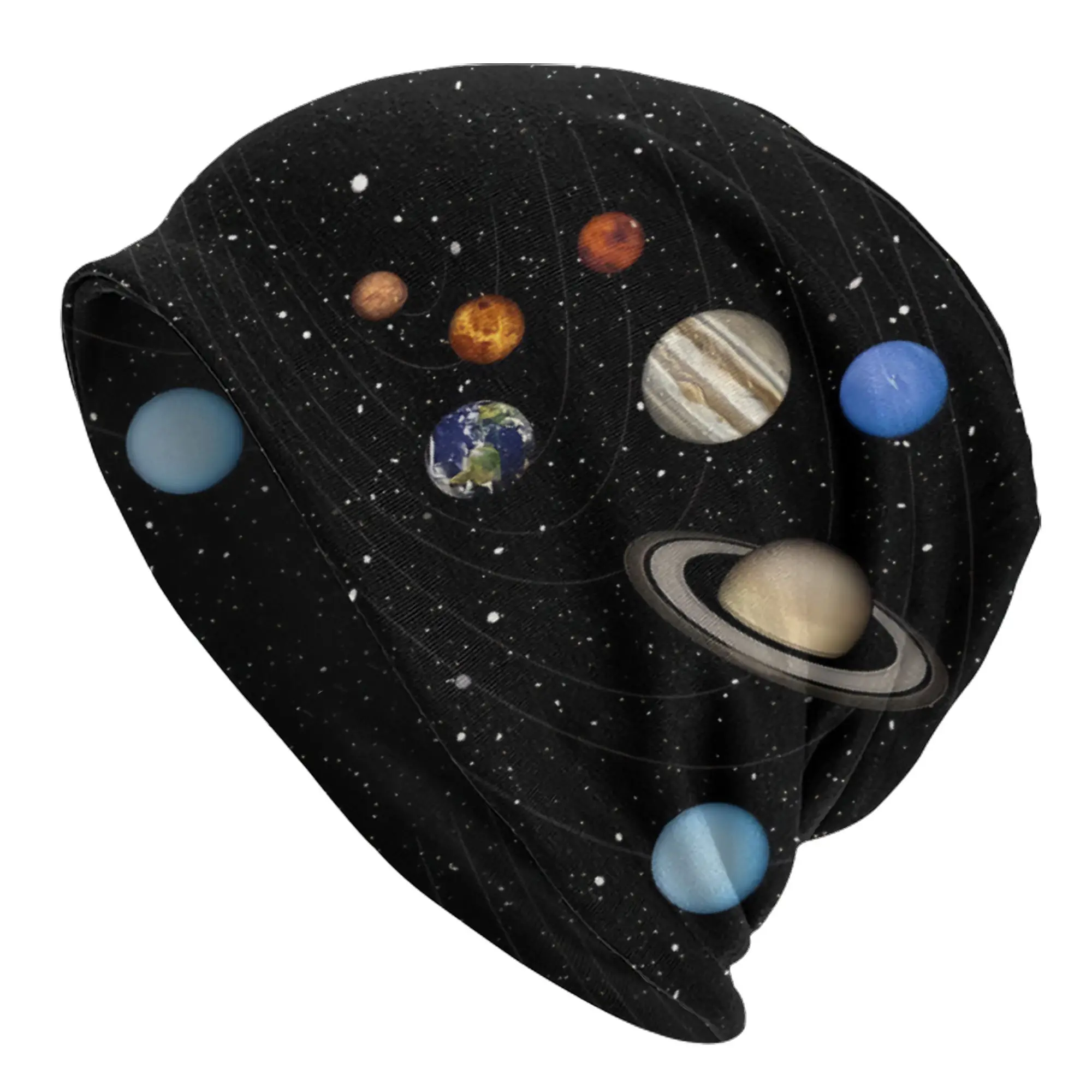 Solar System Planets Print Black Beanie Hat - Space-Themed Celestial Design with Starry Night Sky Pattern, Warm Winter