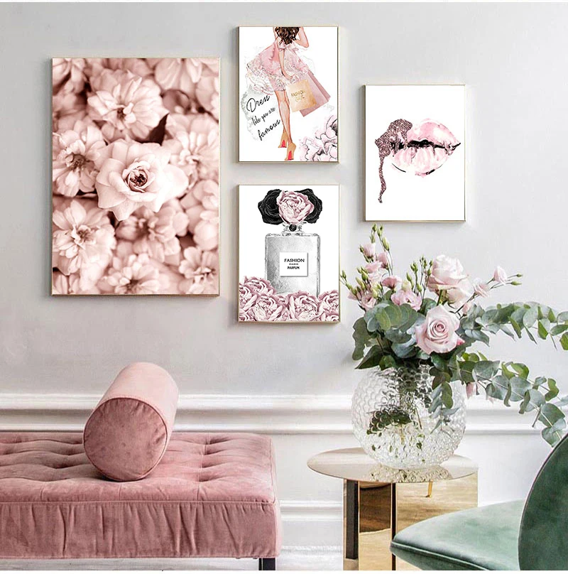 Fashion Pink Girl Room Decoration Poster Perfume Eyelash Lip High Heels Print Art Painting Wall Print Picture For Beauty Shop