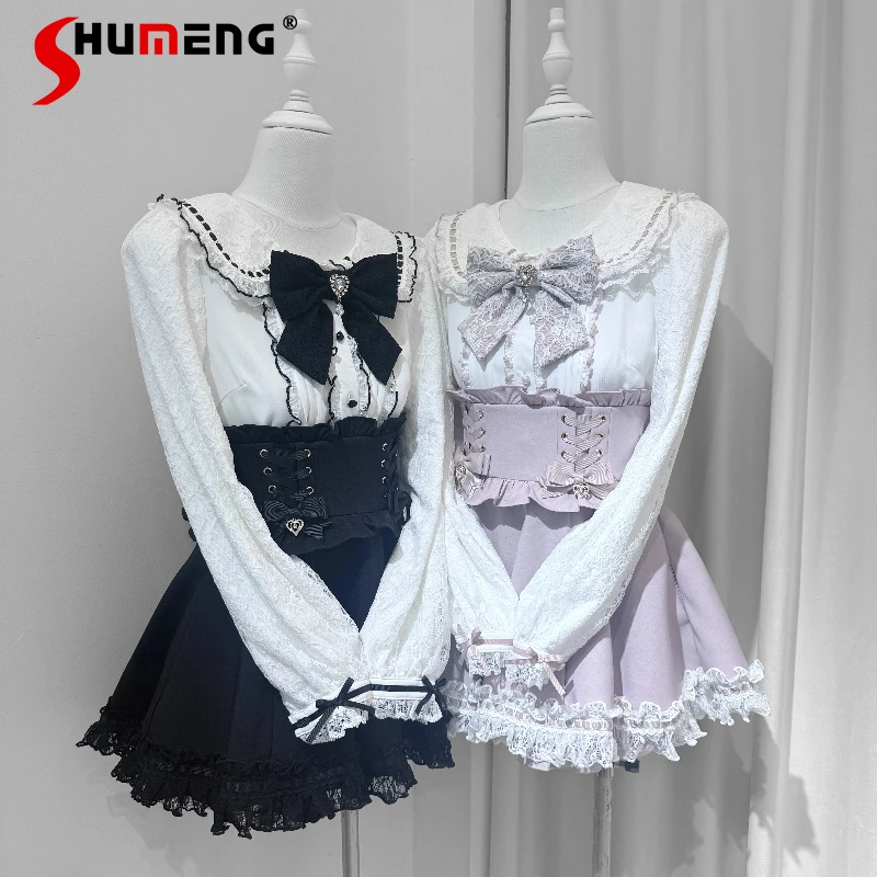 

2025 Autumn Sweet Cute Doll Collar Lace Shirt Japanese Style Rojita Skirt Pants Women's Clothing Single-breasted Y2k Bow Blouse