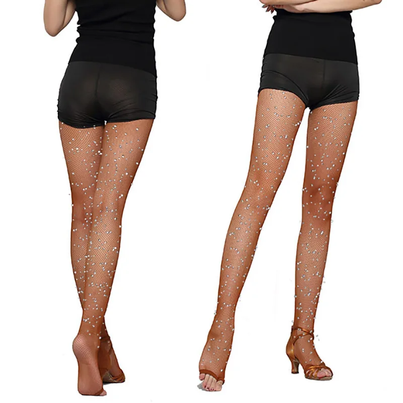 USHINE Sale Rhinestone Open Toe Diamond Fishing Mesh Caramel-colored Pantnet Dance Wear Latin Stockings