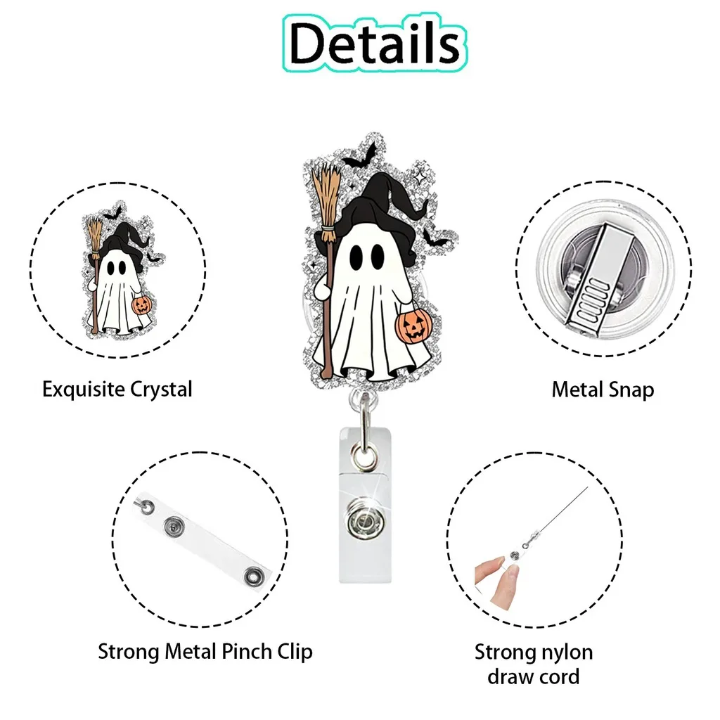 Retractable Glitter Badge Reel Halloween Ghost Black Cat Acrylic ID Badge Holder for Medical Staff  Nurse Work ID