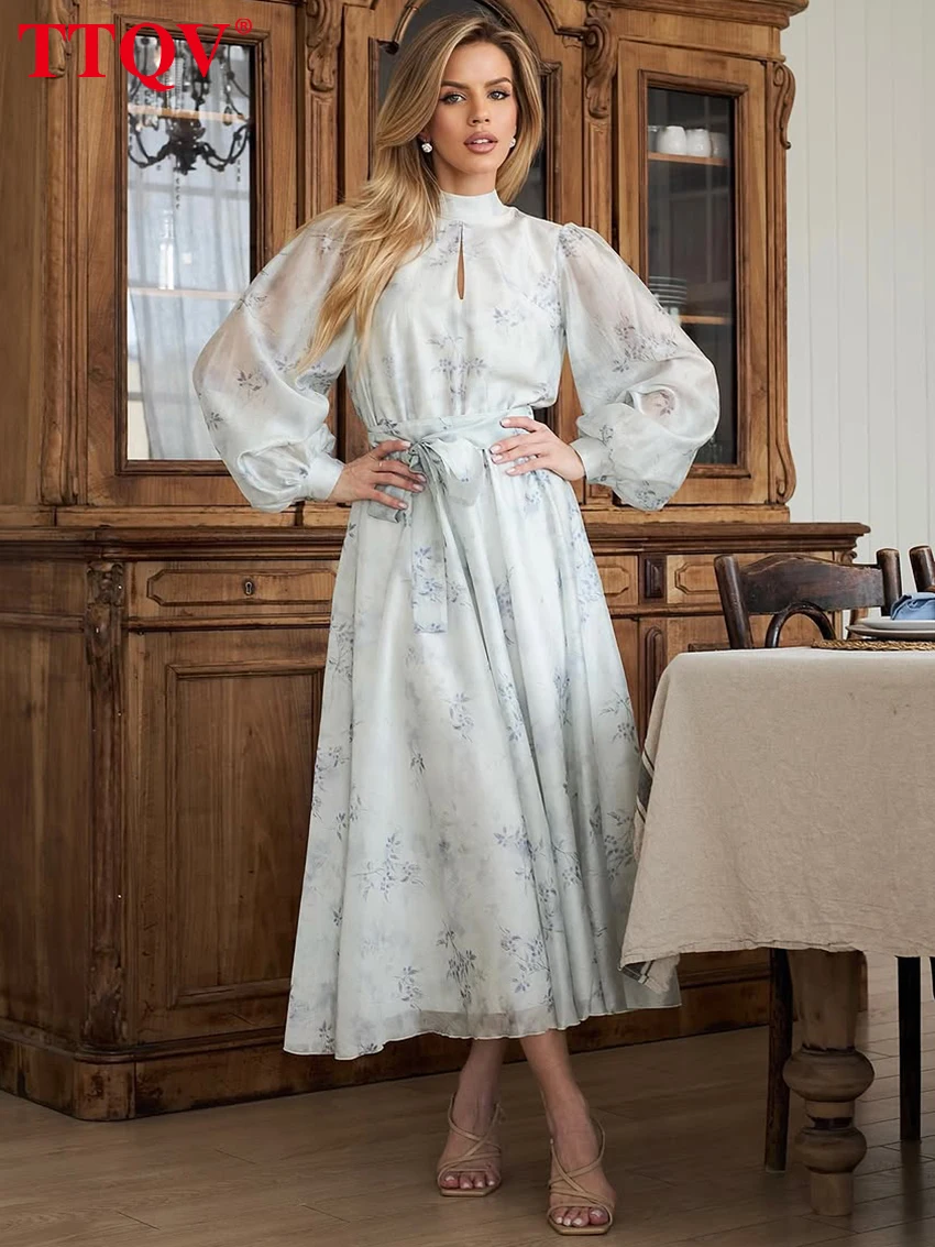 

TTQV Fashion Loose Print Women's Dress 2026 Spring Stand Collar Lantern Sleeve Ankle Length Dresses Elegant Lace-Up Female Dress