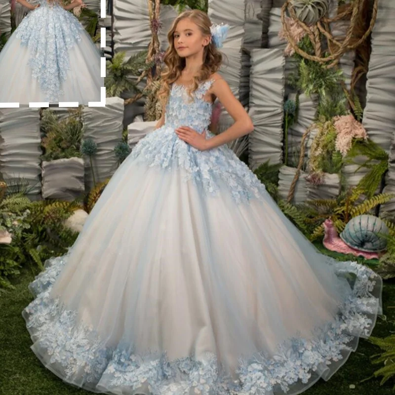 

Blue White Lace Elegant Flower Girls Dresses Applique Tulle Sleeveless Girl Kid Dress For Wedding Birthday First Communion Gowns