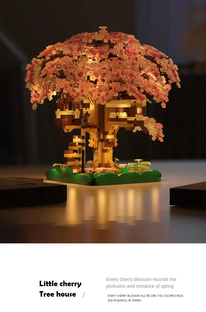 DIY Lila Romantische Kirschblüte Blume Rosa Baum Haus Montage Bausteine Klassisches Modell Miniatur Ziegel Sets Kind Geschenke – Detail 5