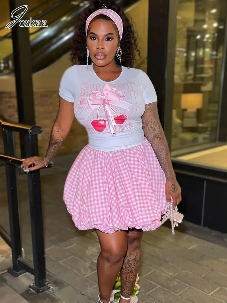 

Joskaa 2025 Women's Print Two Piece Set Sexy Crew Neck Bow Short Sleeve Tees and Plaid Puff Skirt Matching Y2K Streetwear