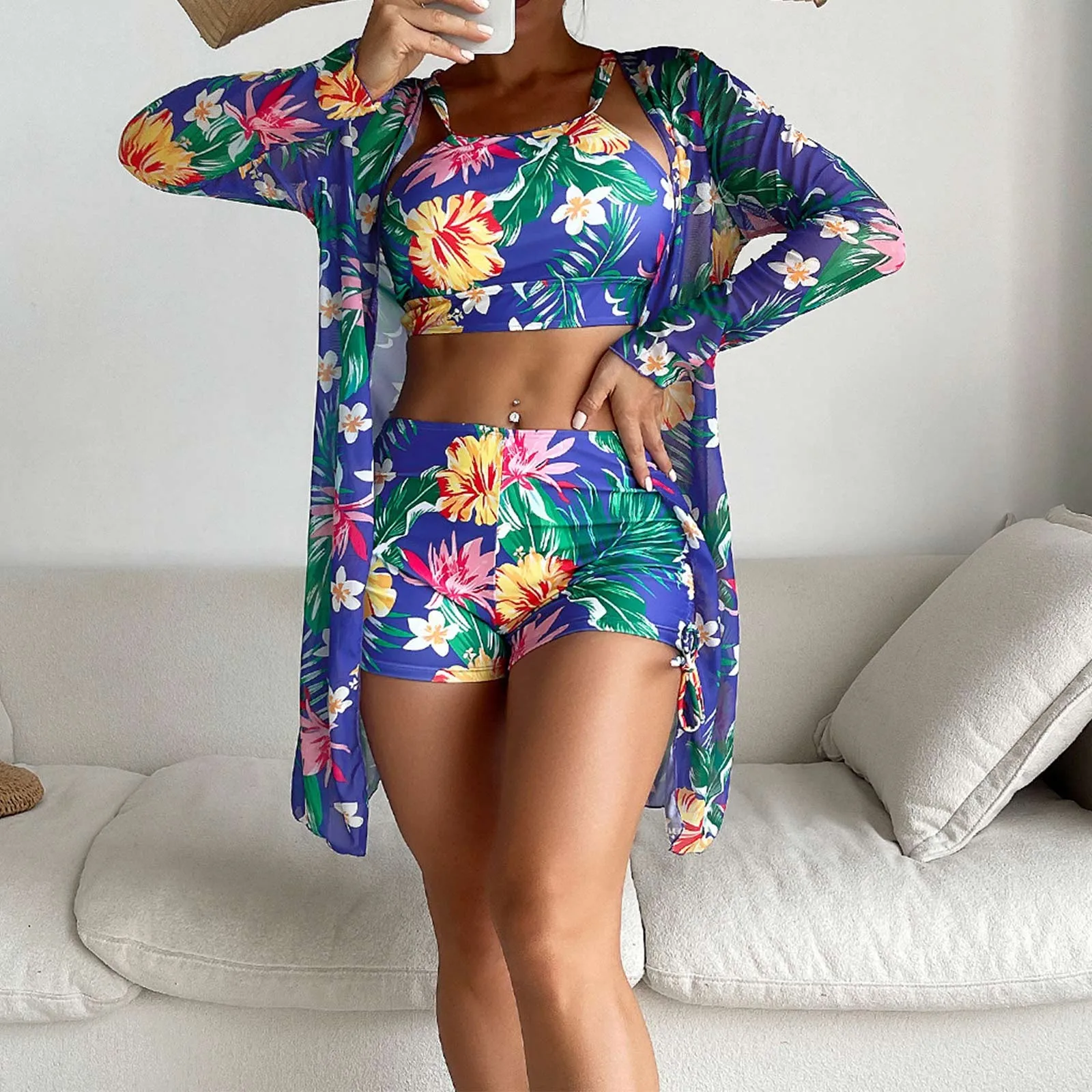 

Tropical Print Bikini 3 Pieces Drawstring Ruched Cover Up Women Swimsuit Long Sleeve Swimwear 2024 Beach Holiday Bathing Suit