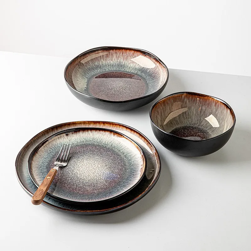Kiln Change Glaze Gradient Irregular Ceramic Bowl Plate Dish Tableware