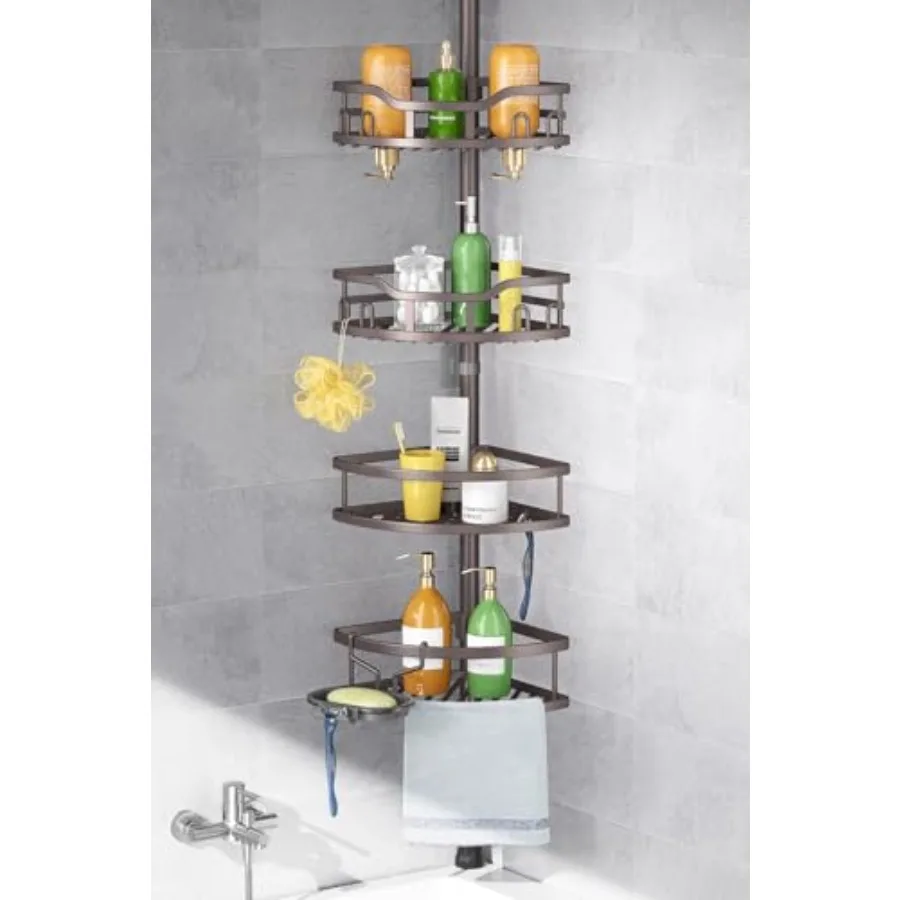 

Corner Shower Caddy Tension Pole Rustproof Stable 4-Tier Bathroom Organizer Shelves for Bathtub Shampoo Storage Bronze 47-121 I