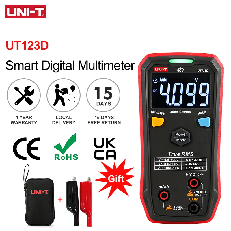 Multimetr UNI-T UT123D Inteligentny Multimetr Cyfrowy Miernik Prądu DC AC Tester Elektryczny NCV Rezystancja Pojemność Test Diod Pod Napięciem