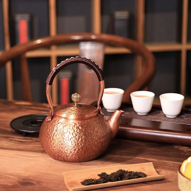 Hammered Pure Copper Teapot Engraving Wrapped Handle Large Capacity For Home Tea Brewing