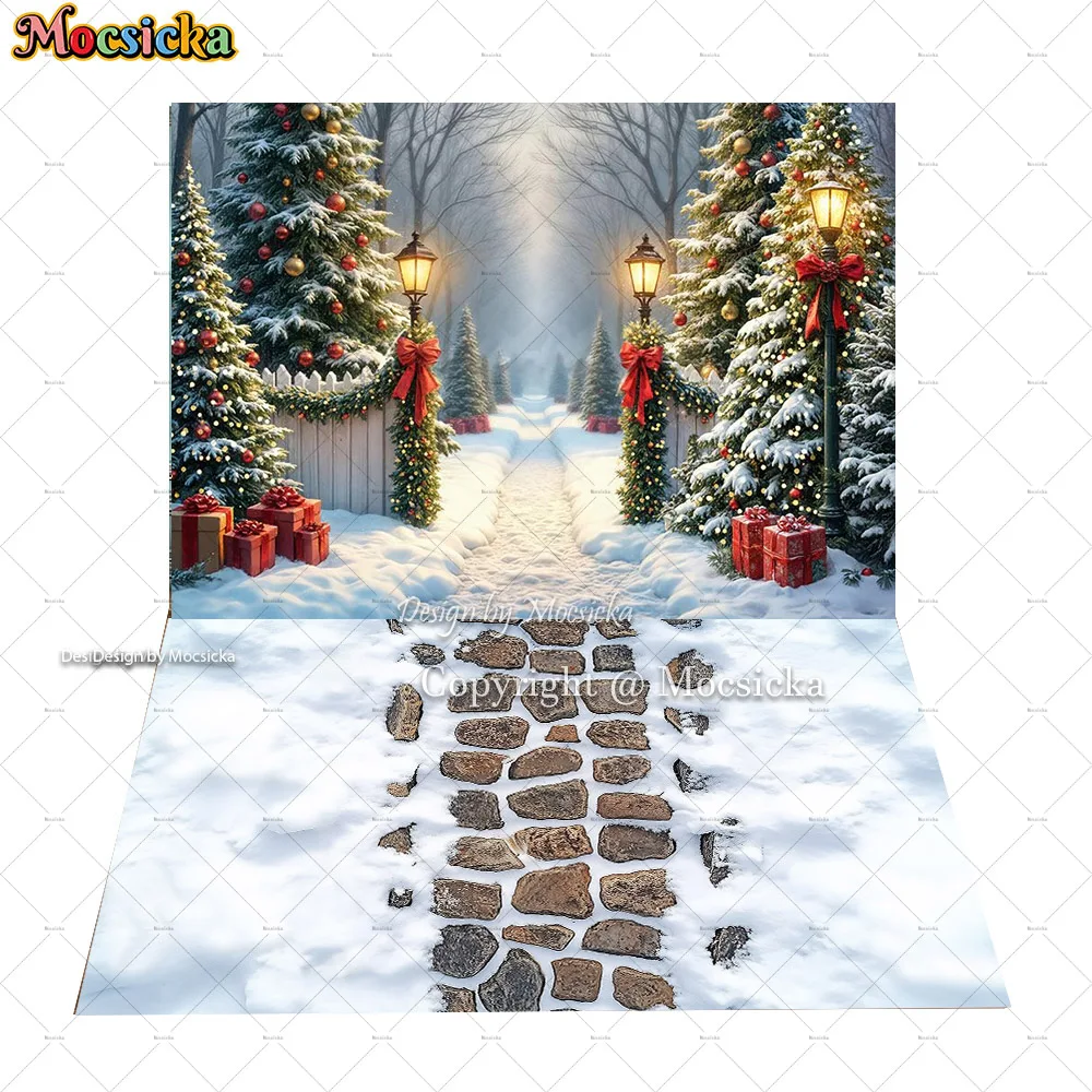 Mocsicka 메리 마법의 베란다 룸 배경 사진 눈 덮인 통로 크리스마스 트리 화환 가로등 배경 겨울 어린이 사진