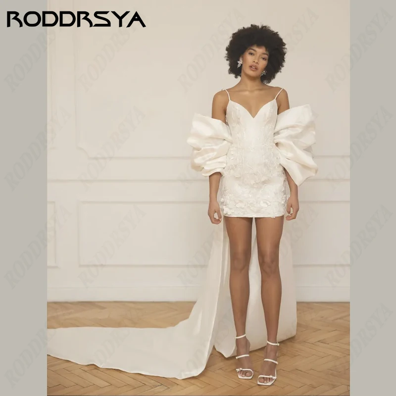 RODDRSYA-Mini Robe de Mariée de Plage, Col en V, Bretelles Spaghetti, Fleurs 3D, Dentelle Sirène, Nministériels d Parfait, Grande Taille-Mini Robe de Mariée de Plage, Col en V, Bretelles Spaghetti, Fleurs 3D, Dentelle