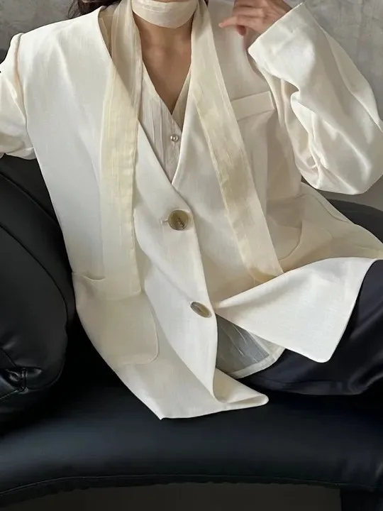 

Korean Sle Loose Women's Suit Jaet Ba Split Design Faionable Casual Long Sve V-Ne Single Button Closure Coat