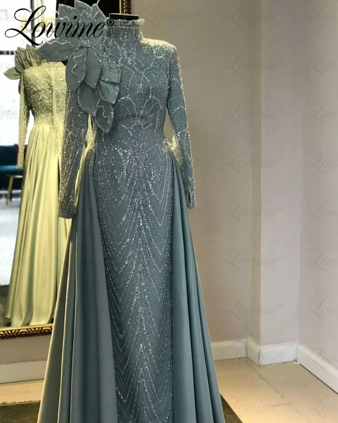 Elegant Muslim Dubai Women Evening Dresses With Detachable Train 2024 Long Sleeves Formal Wedding Party Dress Custom Made Beads