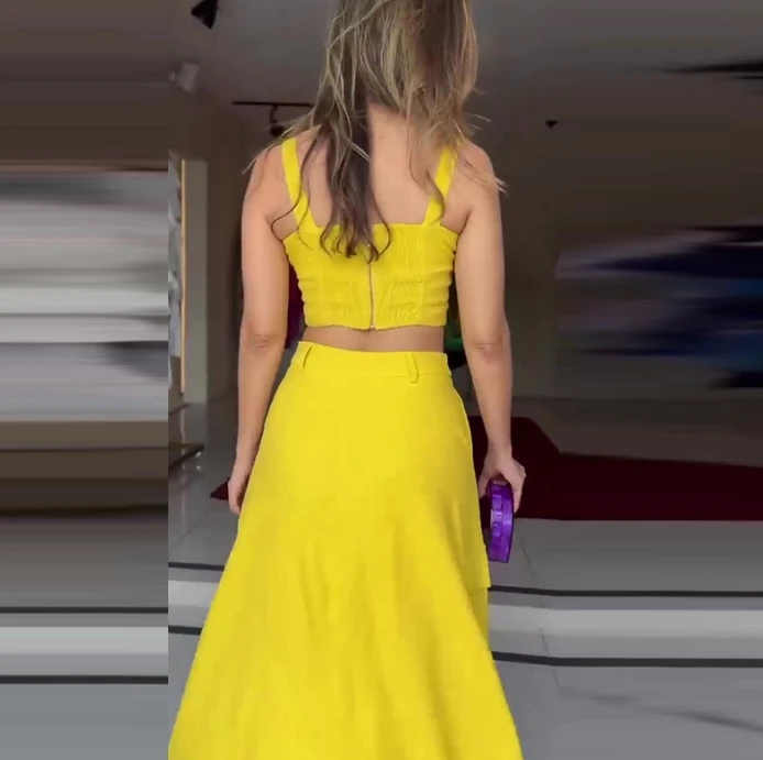 Fashion Temperament Commuting Two-piece Set Women Sexy Sleeveless Cut Tank Top and High Waisted Wide A-line Midi Skirt Set