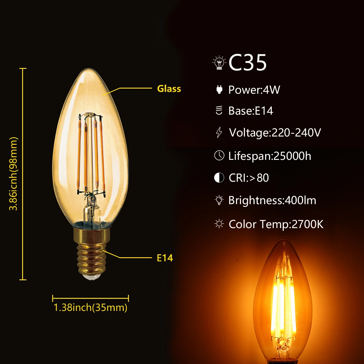 6 Stück LED-Glühfadenlampen C35 E27 B22 E14 AC220V 4W Flimmerfrei 2700K 4000K Geeignet für Bars, Supermärkte und Heimbeleuchtung