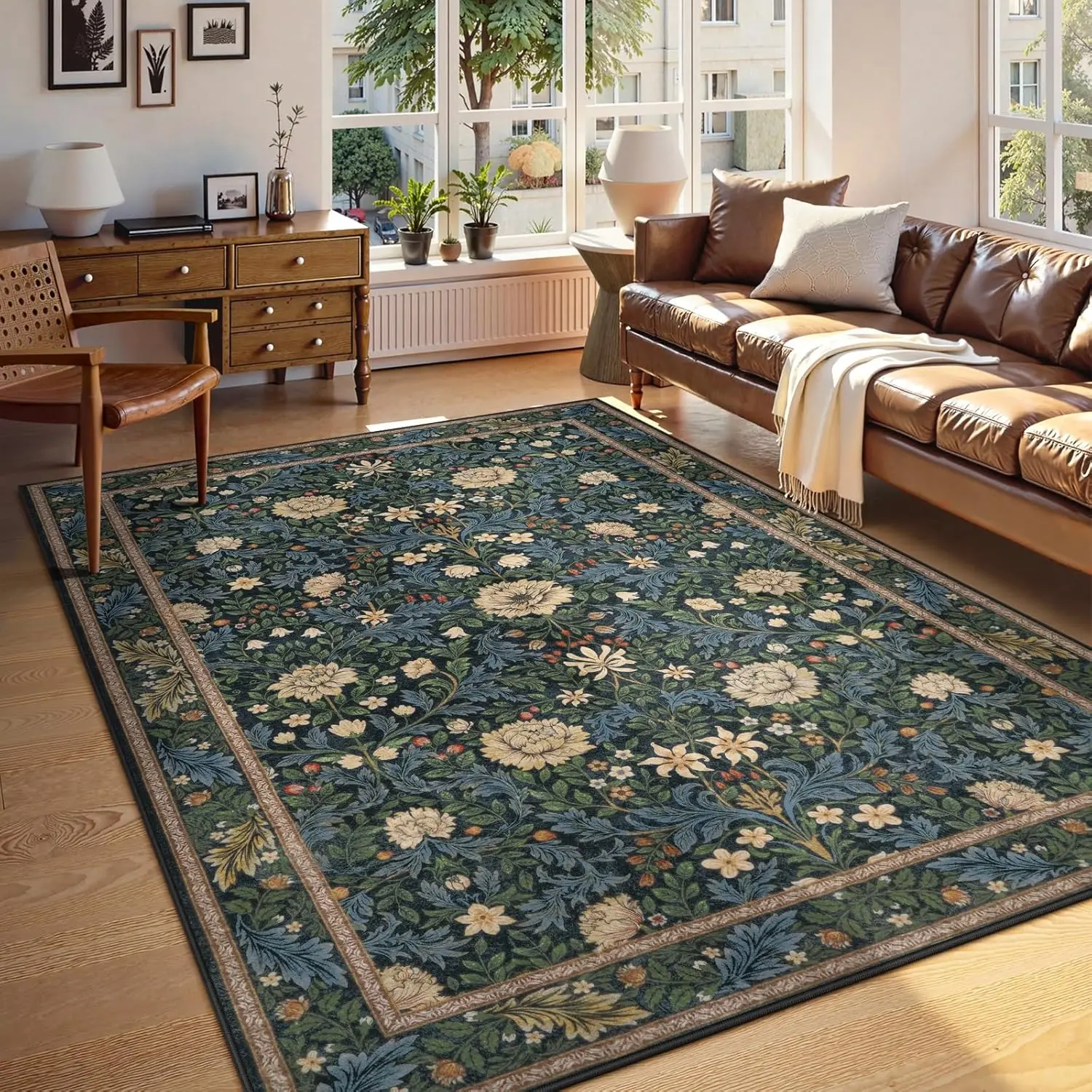 Living Room Boho Area Rug, Soft Floral Rugs for Bedroom, Thin Vintage Rug Botanical Stain Resistant Floor Retro Carpet for