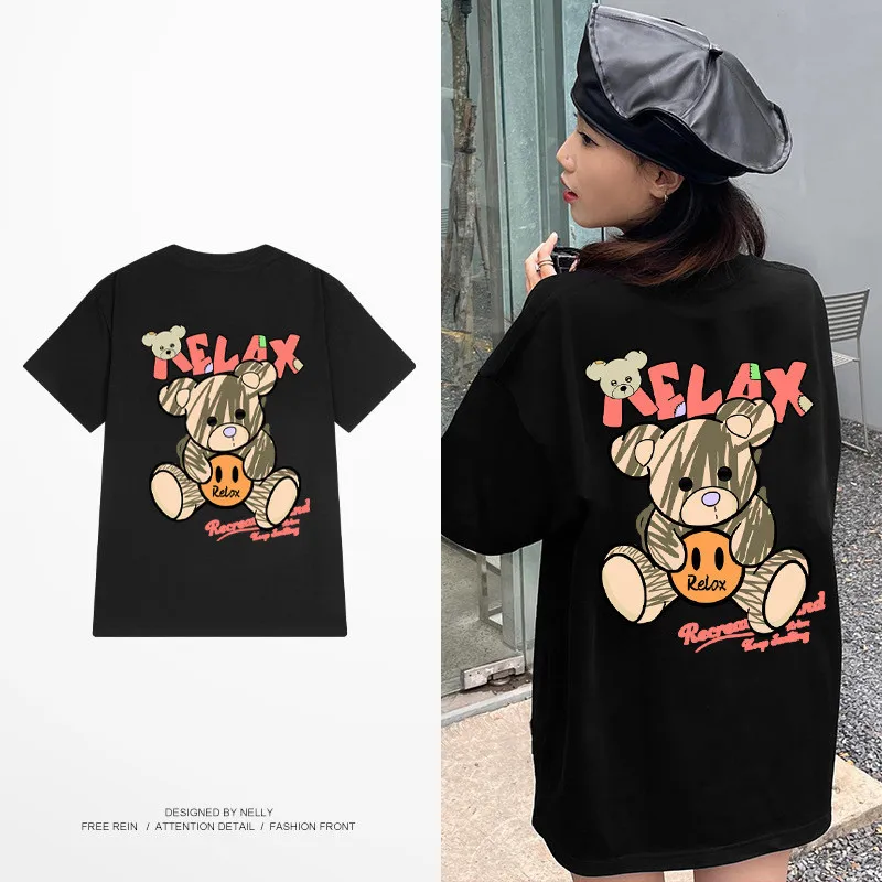 

Cartoon bear new ins tide men and women round neck couple tops Korean version of the casual loose half-sleeved short-sleeved T-s