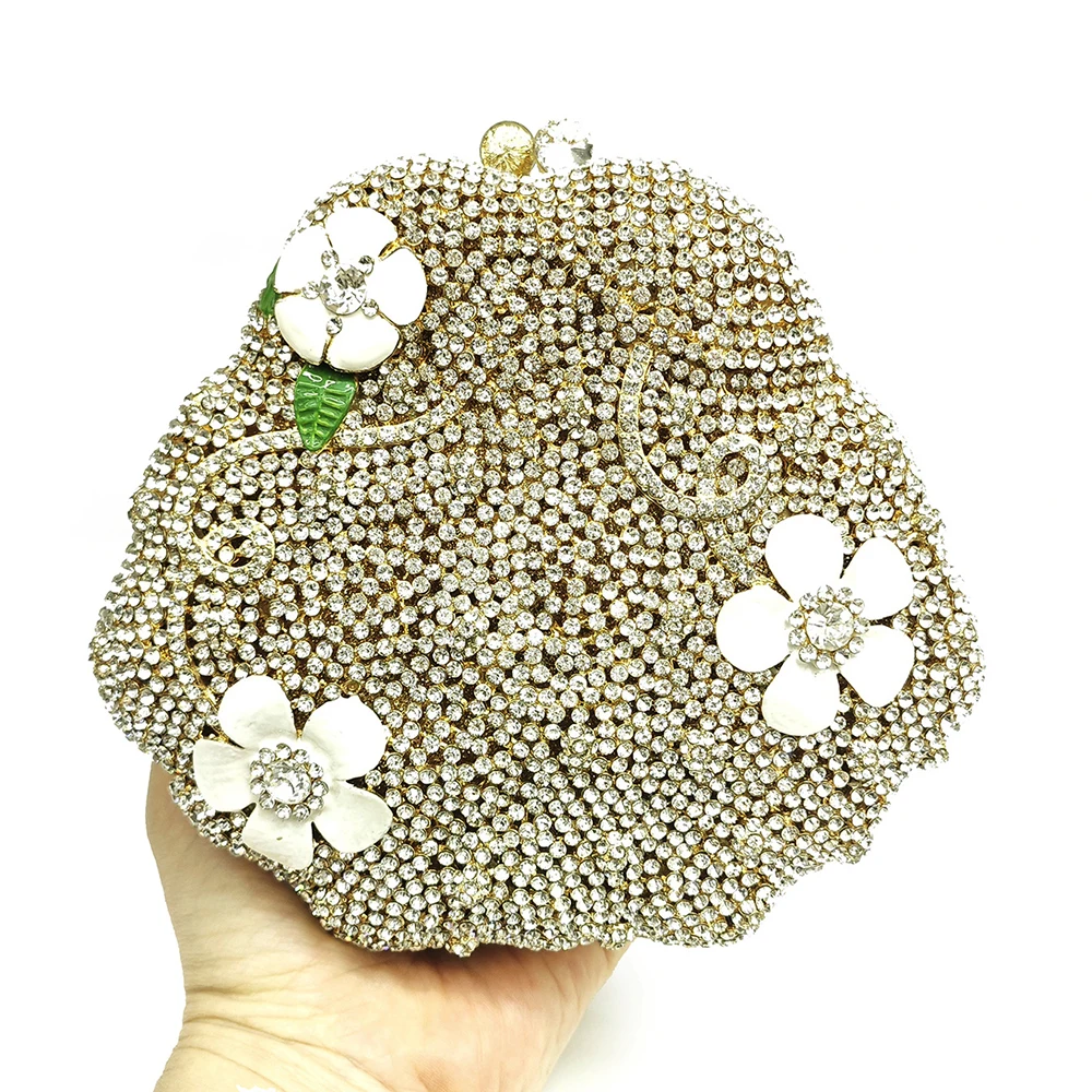 Gold Diamond Flower Evening Clutch Purse Oval Shape Rhinestone Crystal Wedding Bridal Clutches Luxury Phone Handbags
