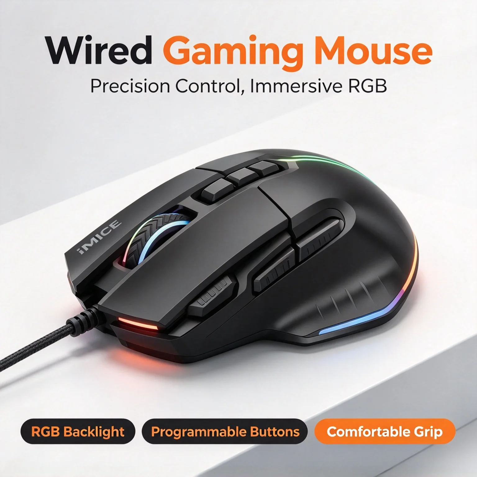 T50 12800DPI Adjustable Gaming Wired Mouse 8-Buttons RGB Backlit Programmable Ergonomic Optical Mouse For PC Computer Laptop