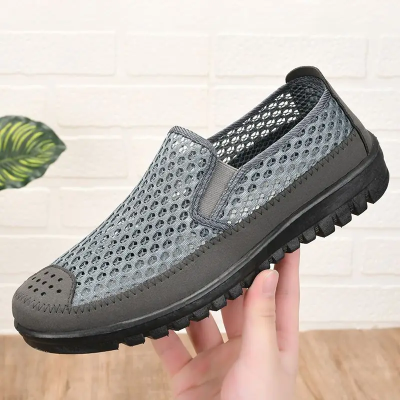Men's Summer Breathable Mesh Slip-On Shoes with Hollow Design Non-Slip Cow Tendon Sole Comfortable Polyurethane Fiber Footwear