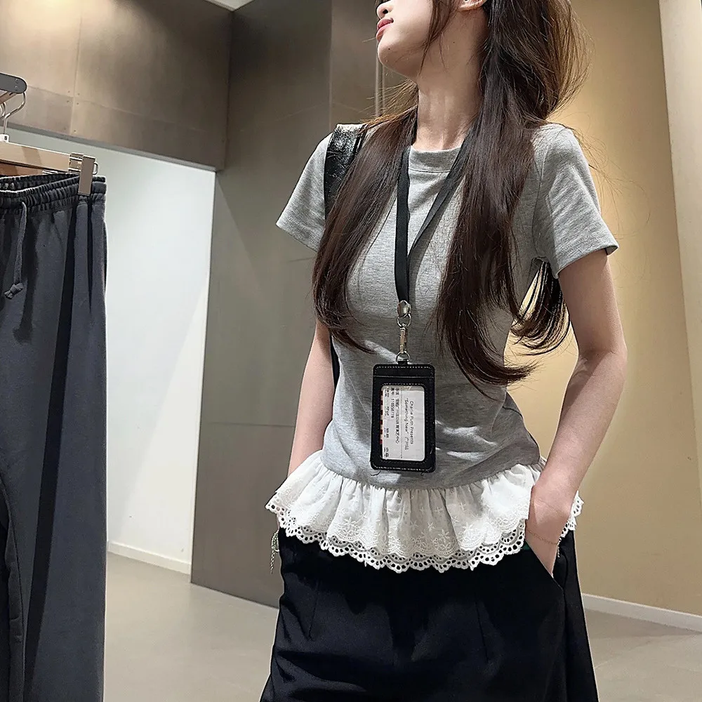 Lace Splice Korean Fashion T-shirts Slim Y2K Kpop Tops Kawaii Vintage Sexy Tees Goth Harajuku Cheap Clothes Woman Tshirts