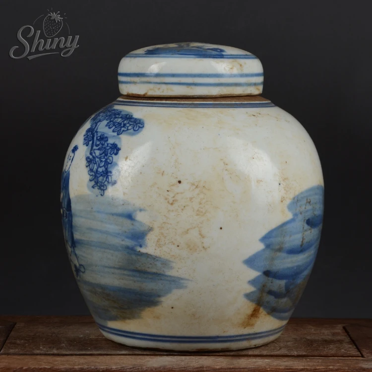 6.2 "الصينية الأزرق والأبيض الخزف جرة سلالة تشينغ جينغدتشن كيلين و طفل تصميم وعاء الشاي العلبة إكسسوارات ديكور منزلي