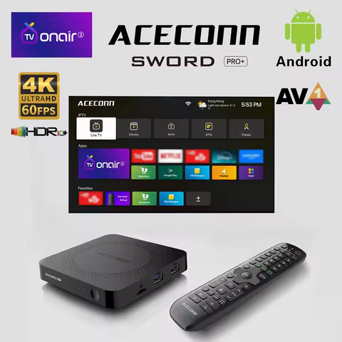 ACECONN Streaming Android IPTV Boxes 4K TVONAIR3 Dual WiFi LAN BT Support Voice Remote Find RCU Backlight Sword Pro+ TV Box