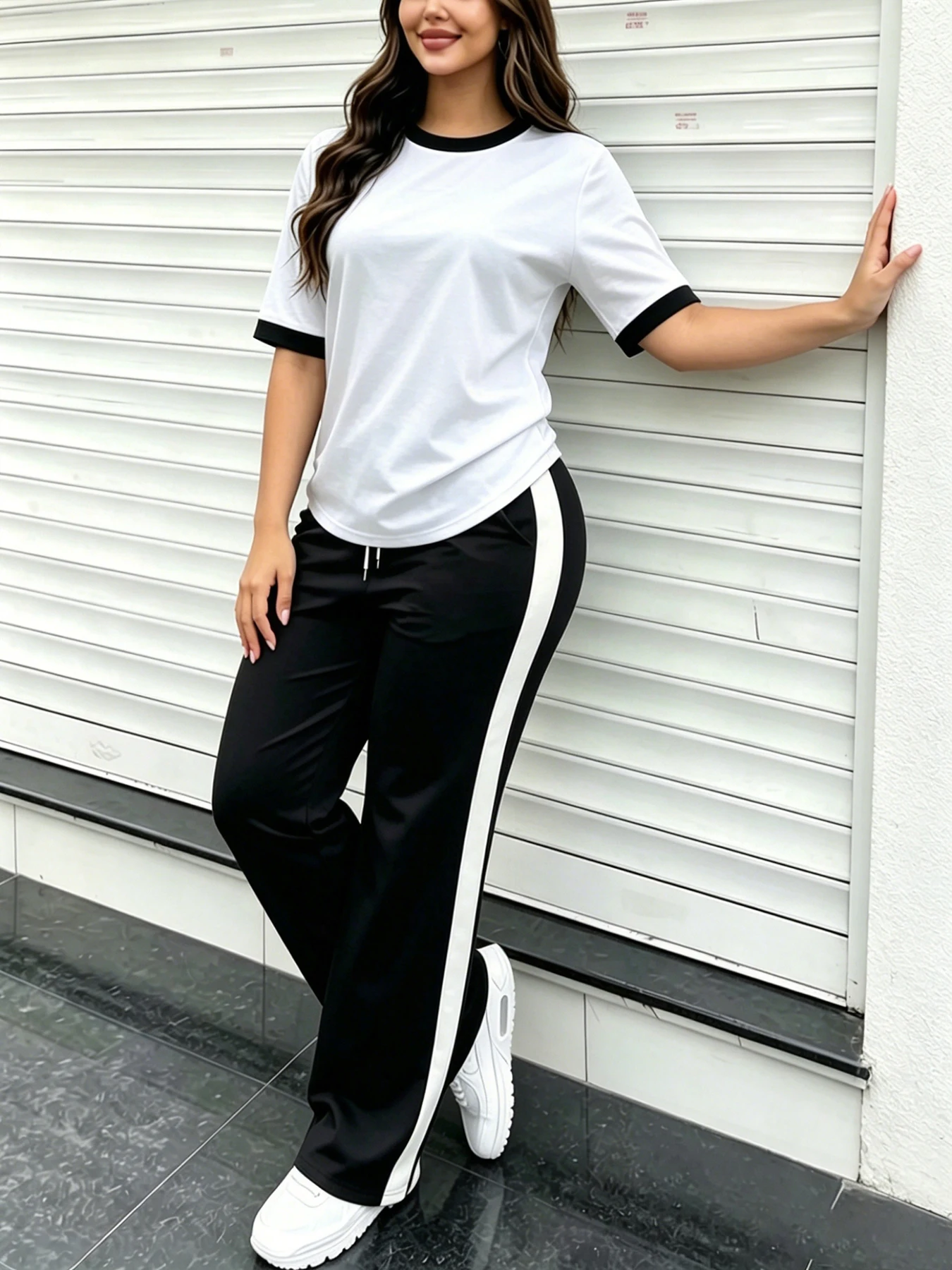 Everyday versatile casual outfit, solid color women's two-piece set, loose-fitting and flattering women's suit, youthful and age-reducing short-sleeve long pants jogger set, autumn and winter school wear, women's clothing