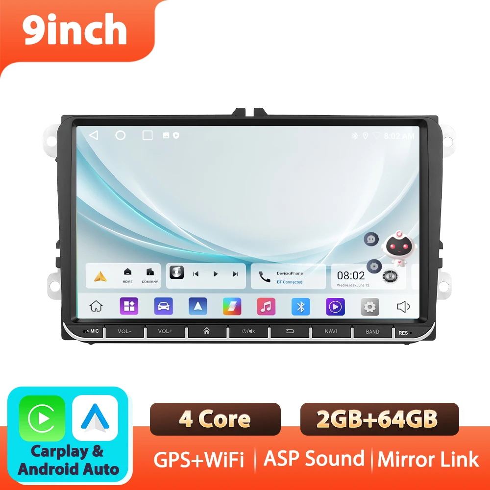 Podofo 9'' 6+128G autoradio voor VW/PASSAT/GOLF/POLO/BORA multimediaspeler Carplay Android Auto BT GPS WIFI RDS EQ FM autoradio
