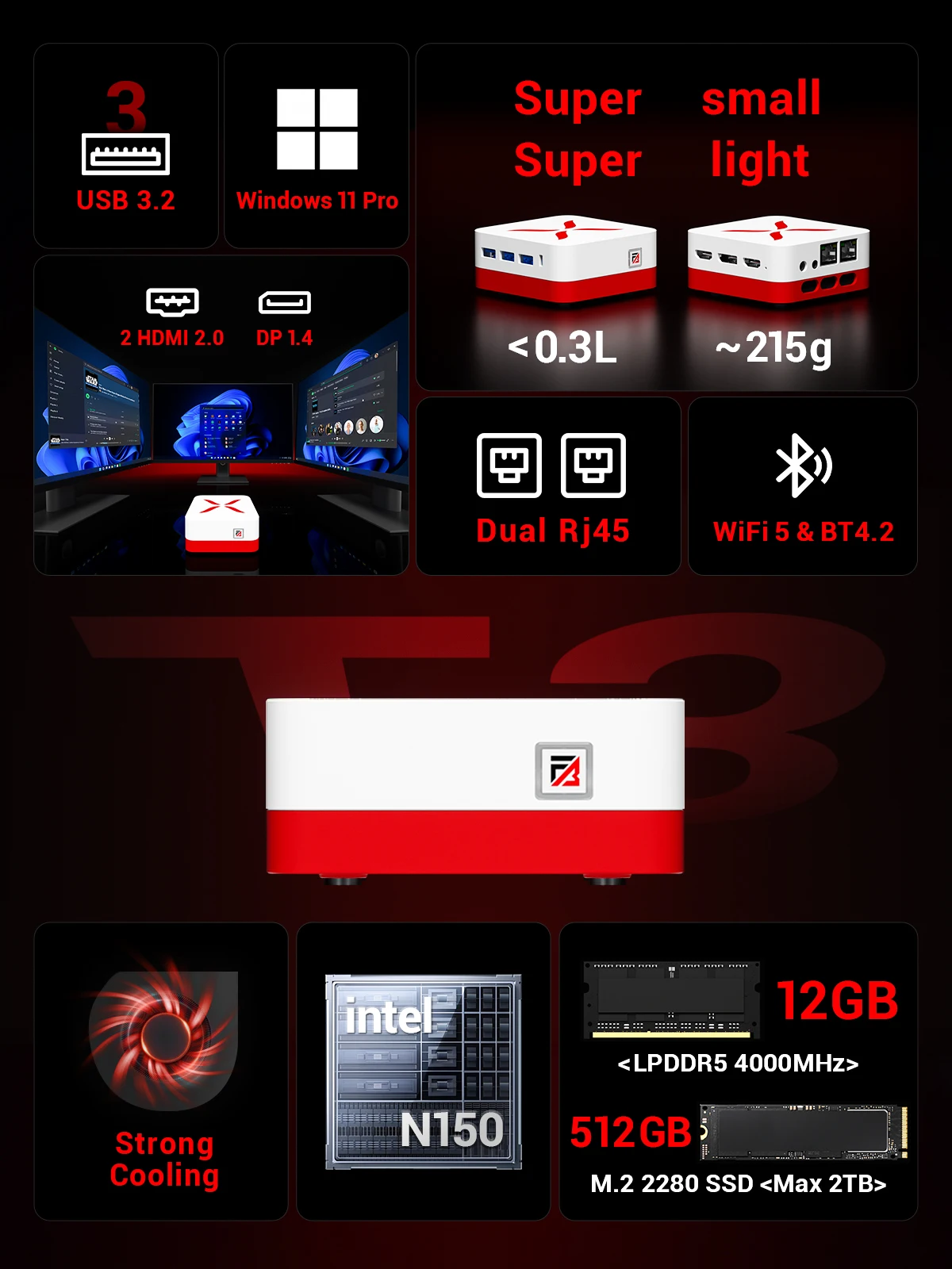 Firebat T3 كمبيوتر صغير Intel N150 حجم صغير Windows 11 pro 12GB LPDDR5 RAM 512GB PCIe SSD WiFi 5 BT4.2 Dual RJ45 شاشة ثلاثية