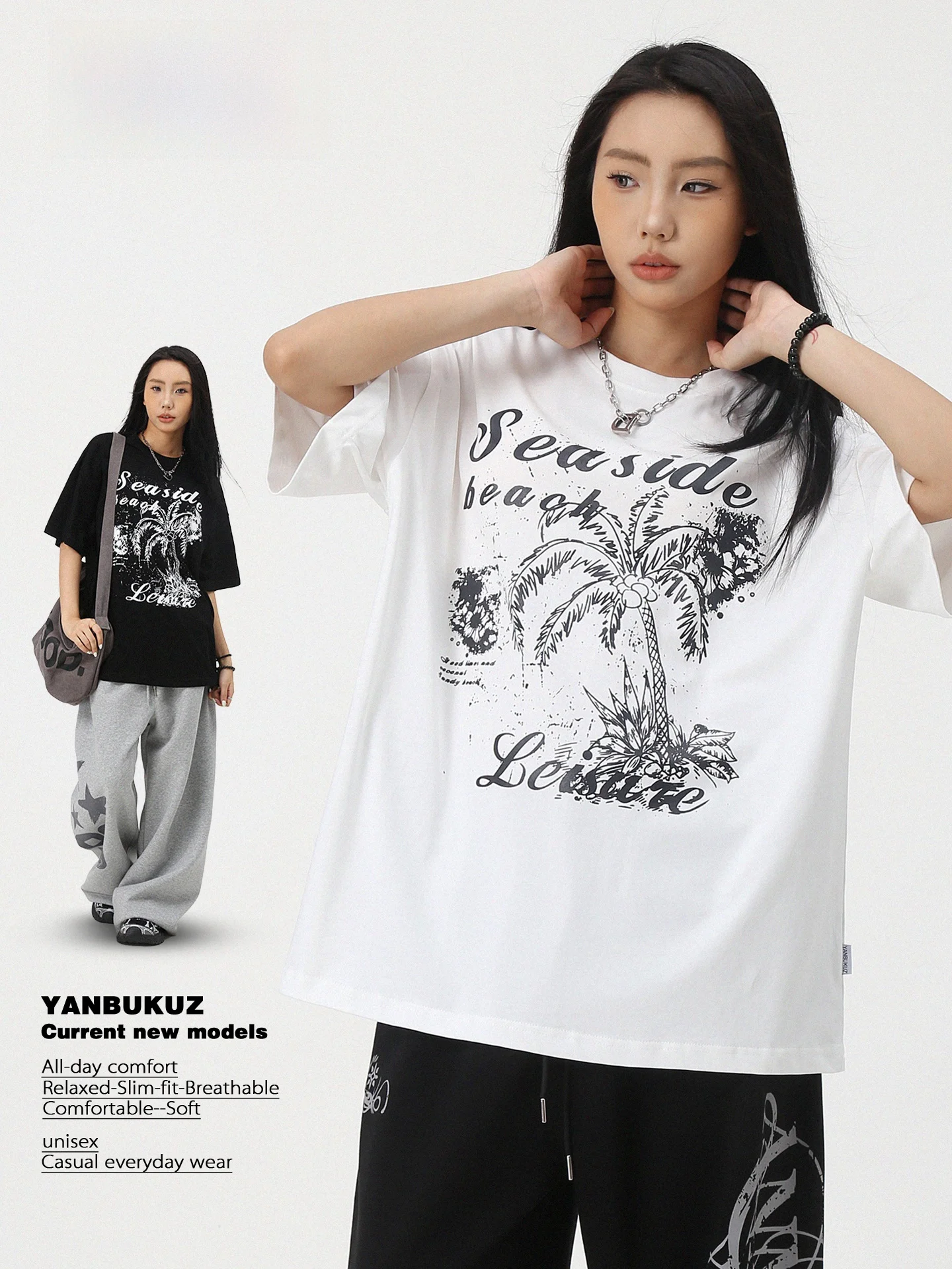 

Street Dance Style Loose Fit Short Sleeve T-Shirt Women's Summer Cotton round Neck Printed Hip Hop Casual Fashion Top