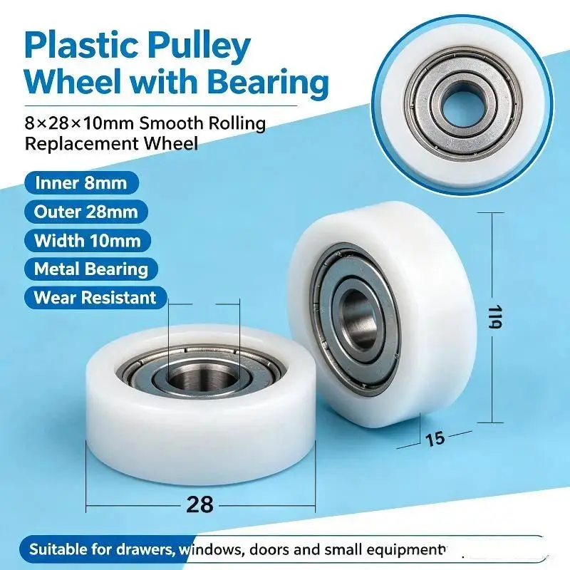 1Pcs BS60828‑10 Flat POM Polyoxymethylene Pressure Wheel 608 Bearing Pulley Plastic‑Coated Roller Guide Wheel 8*28*10mm