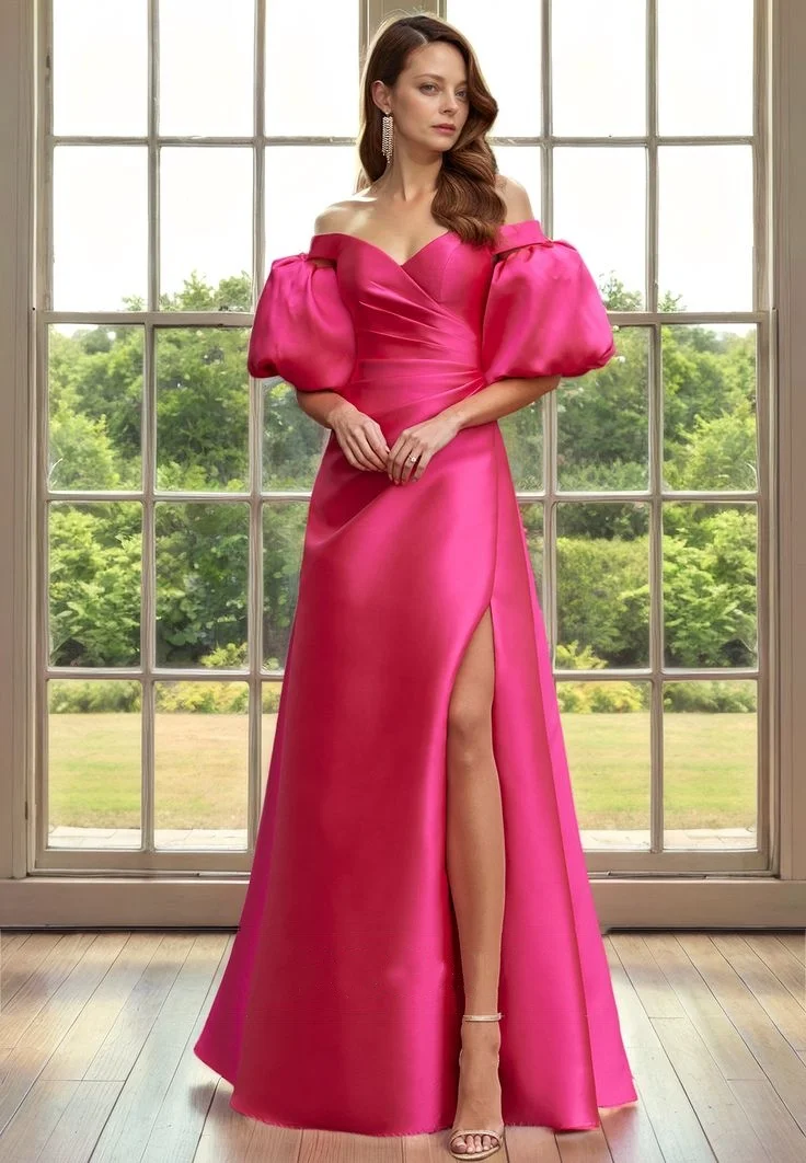 Elegant Wedding Guest Dresses Long Satin Off Shoulder Sweetheart Puffy Removable Sleeve Mother of the Bride dresses for Weddings