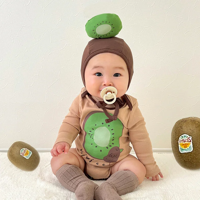 

Funny Kiwifruit Baby Clothes Rompers For Boy Girls Cotton Long Sleeves Print Bodysuit Cartoon Korean Jumpsuits Clothing With Hat