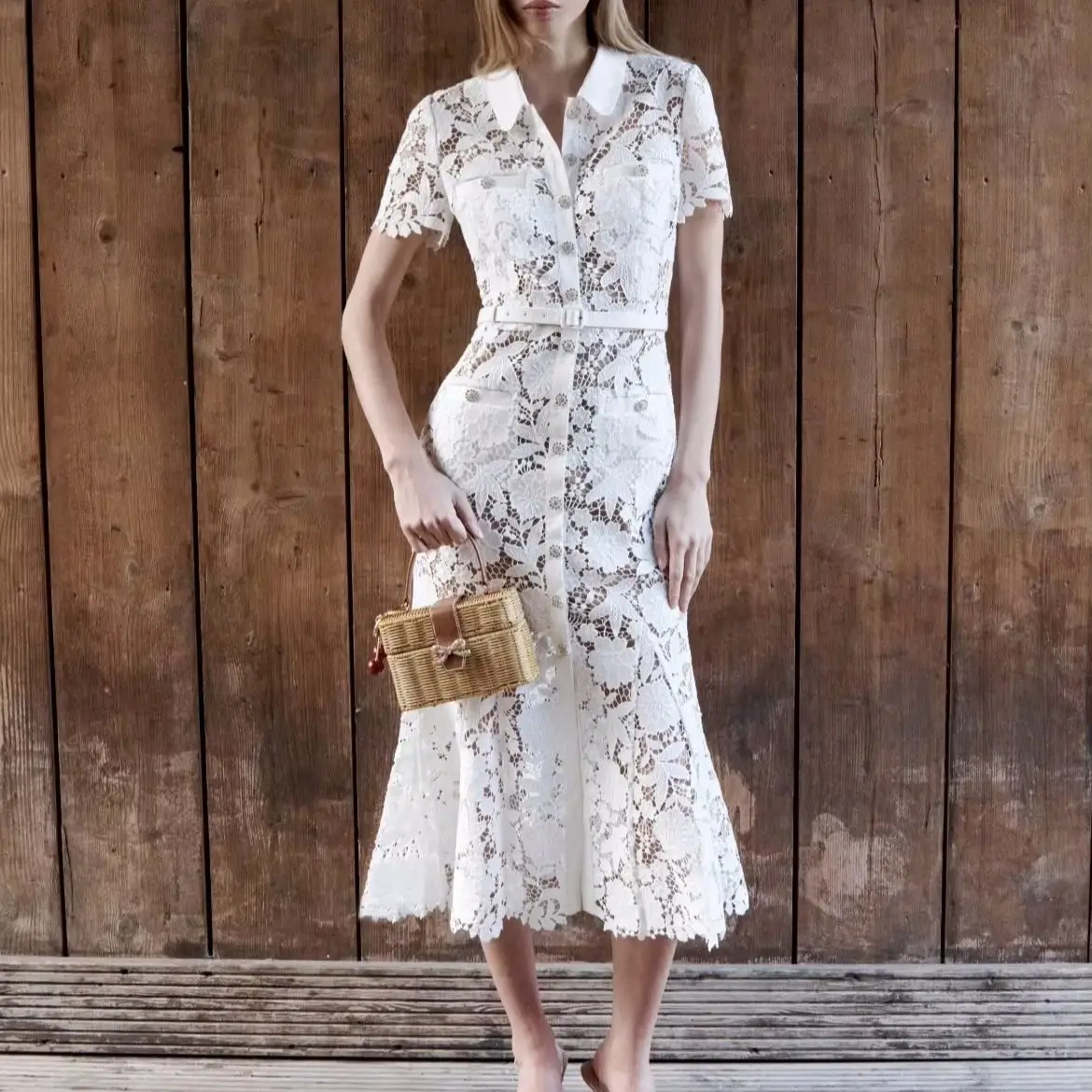 

Women Elegant White Lace Dress Short Sleeve high waist fashion midi dress