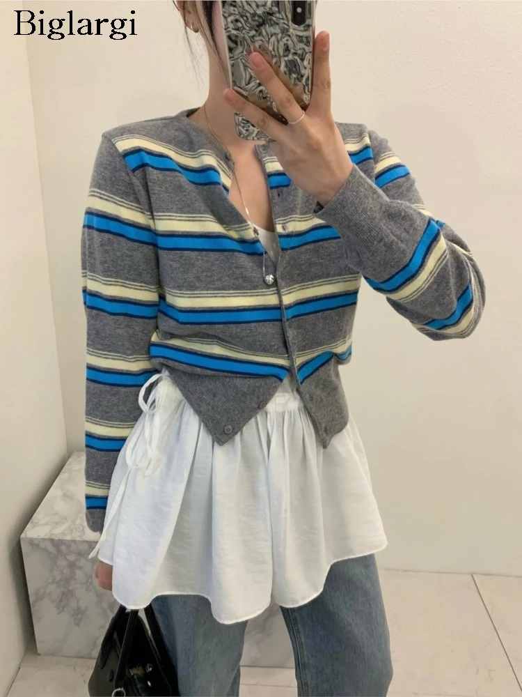 

Вязаный осенний кардиган, женский тонкий модный полосатый принт, женские укороченные кардиганы, женский свитер в корейском стиле, пальто