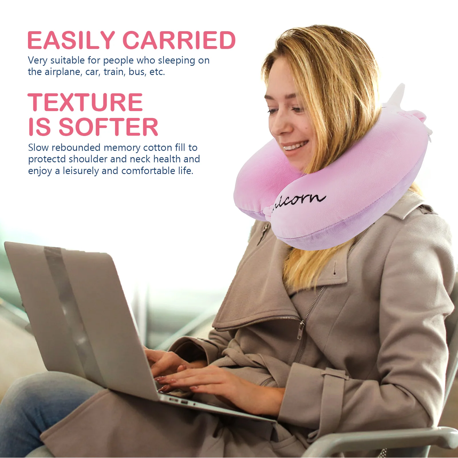 

Unicorn U-shaped Pillow Memory Foam Neck Support Travel Car Pillow Pink 120x35cm Office Sleep Lightweight