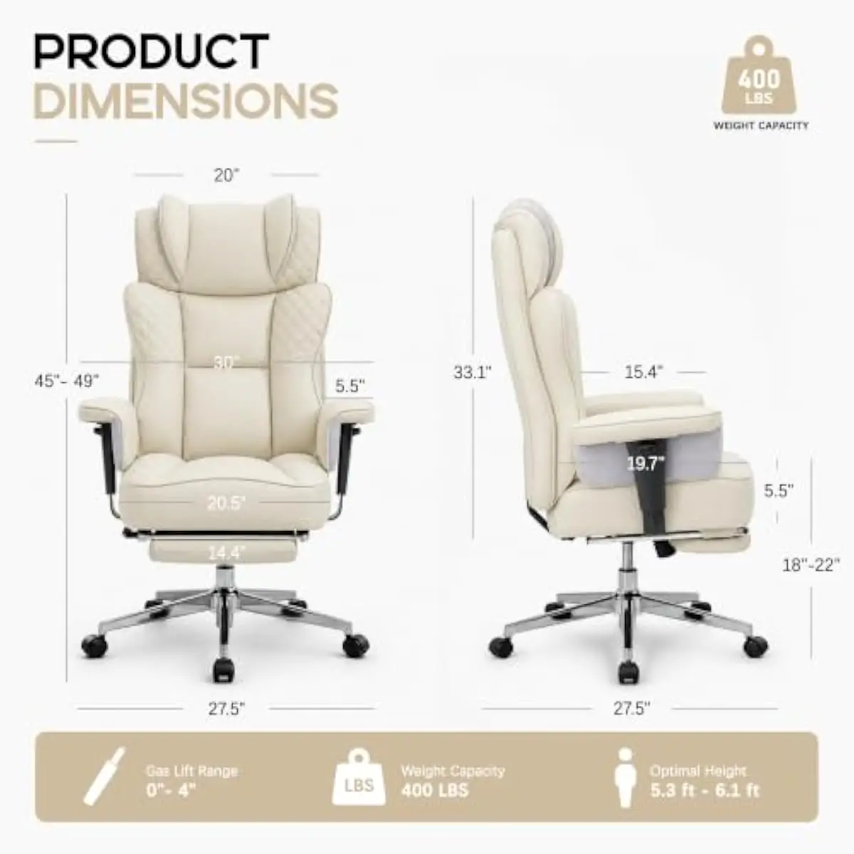 Ergonomic Oversized PU Leather Office Chair with Retractable Footrest • 4-Inch Height Adjustment • 90°–135° Recline • 360° Swive