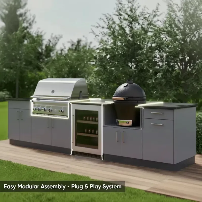 Modern Modular Outdoor Kitchen Cabinet with Gas Grill Sink Refrigerator Drawer Slide Waterproof Fireproof Cooking Set Customized