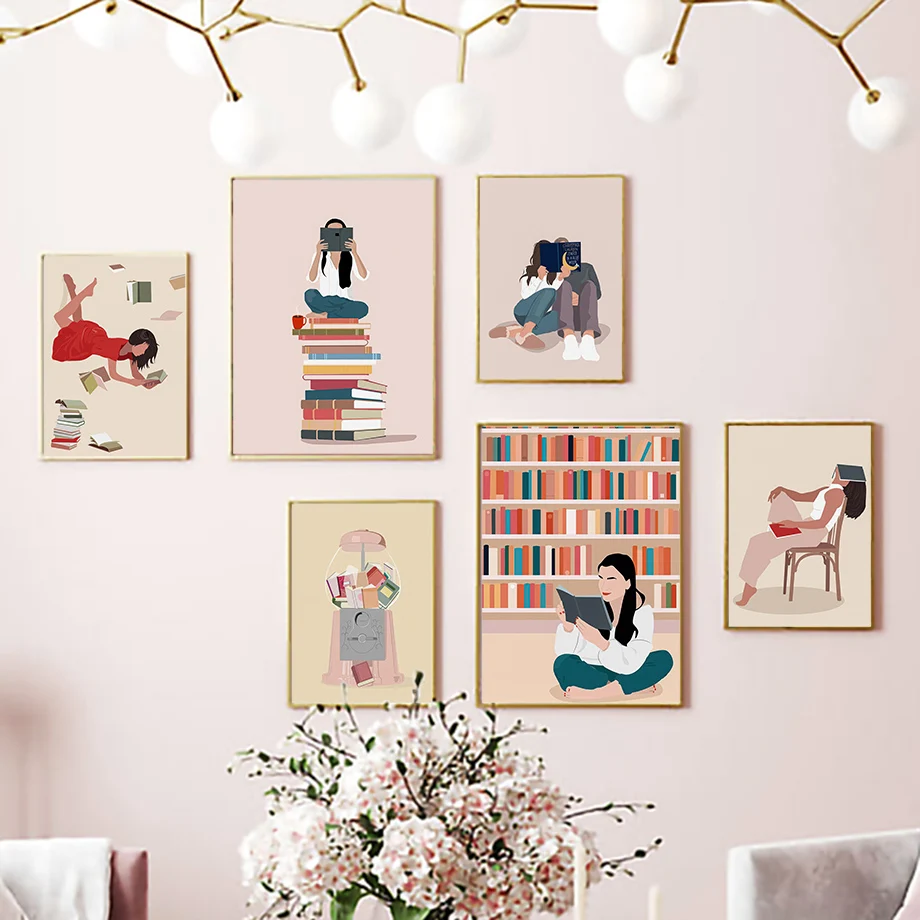 I love Reading  Women Read Jump Into The Book Abstract Illustration Fashion Wall Art Canvas  Nordic Poster Room Decor
