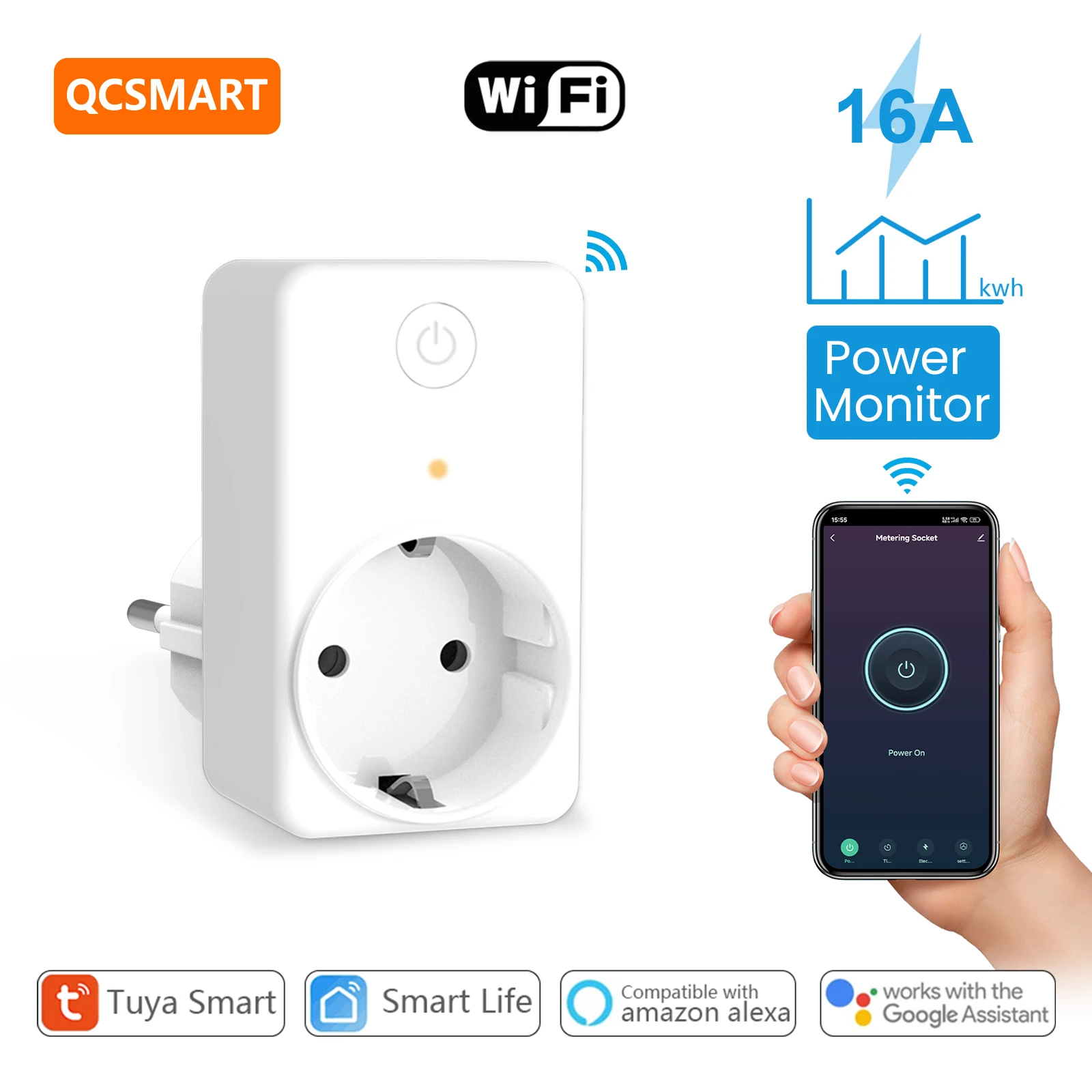 QCSMART Tuya WiFi EU Plug Outlet 16A Socket Electricity Energy Power Monitor Conservation Timer Support Google Assistant Alexa