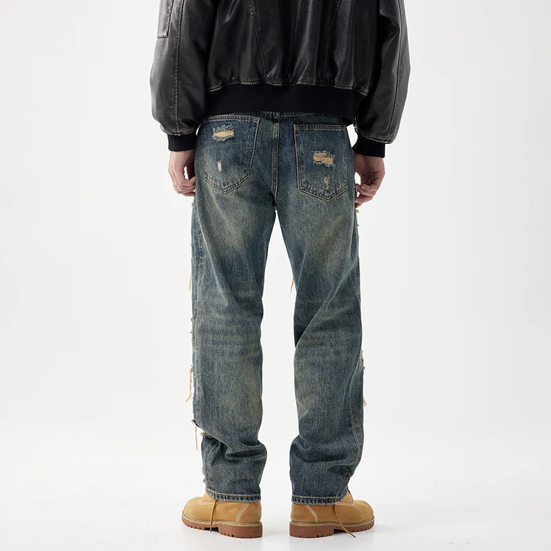 American heavy craft hole jeans men influx of loose straight pants street gangster handsome retro patches washed pants