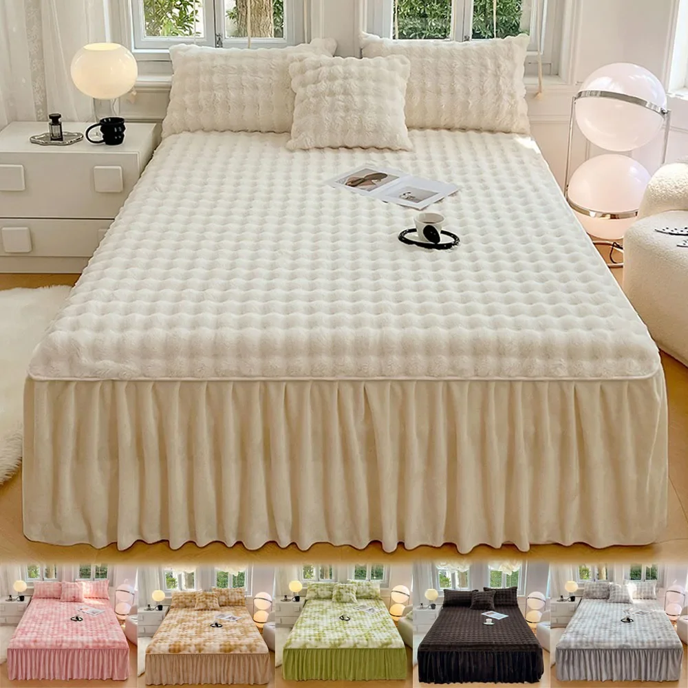 

Thicken Velvet Bed Sheet Bed Skirt Winter Warm Solid Color Elastic Mattress Covers Super Soft Comforts with Pillowcase침대커버 스커트