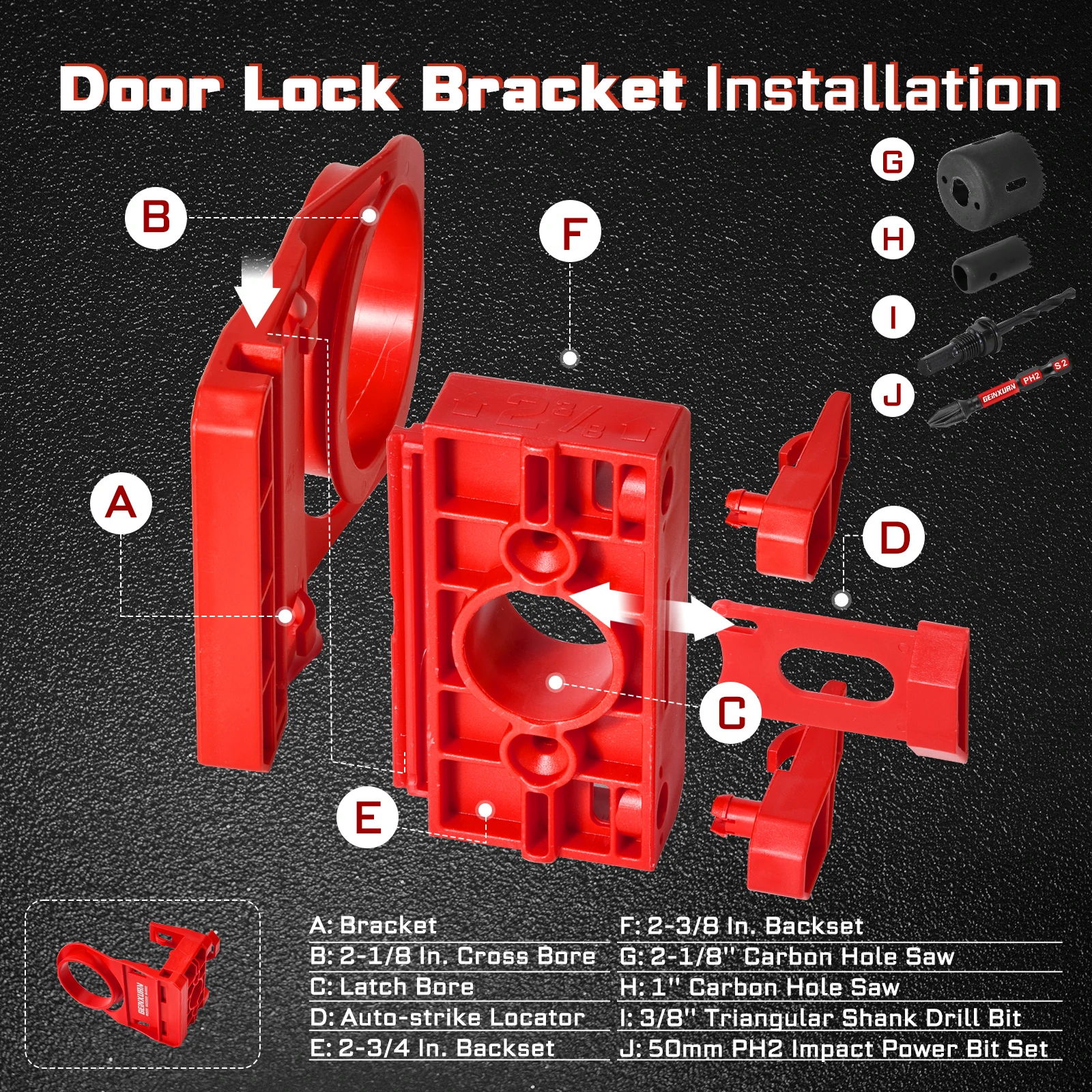 Geinxurn 1-3/8" - 1-3/4" Kit di installazione serratura per porte in legno con modello guida, sega a tazza per serratura porta in acciaio al carbonio