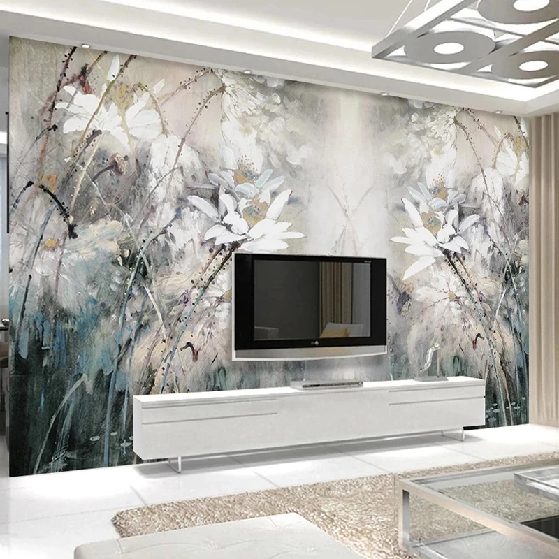 Custom Mural Wallpaper Retro Oil Painting Hand Painted Lotus Flower Bedroom Living room sofa TV background wall restaurant Hotel