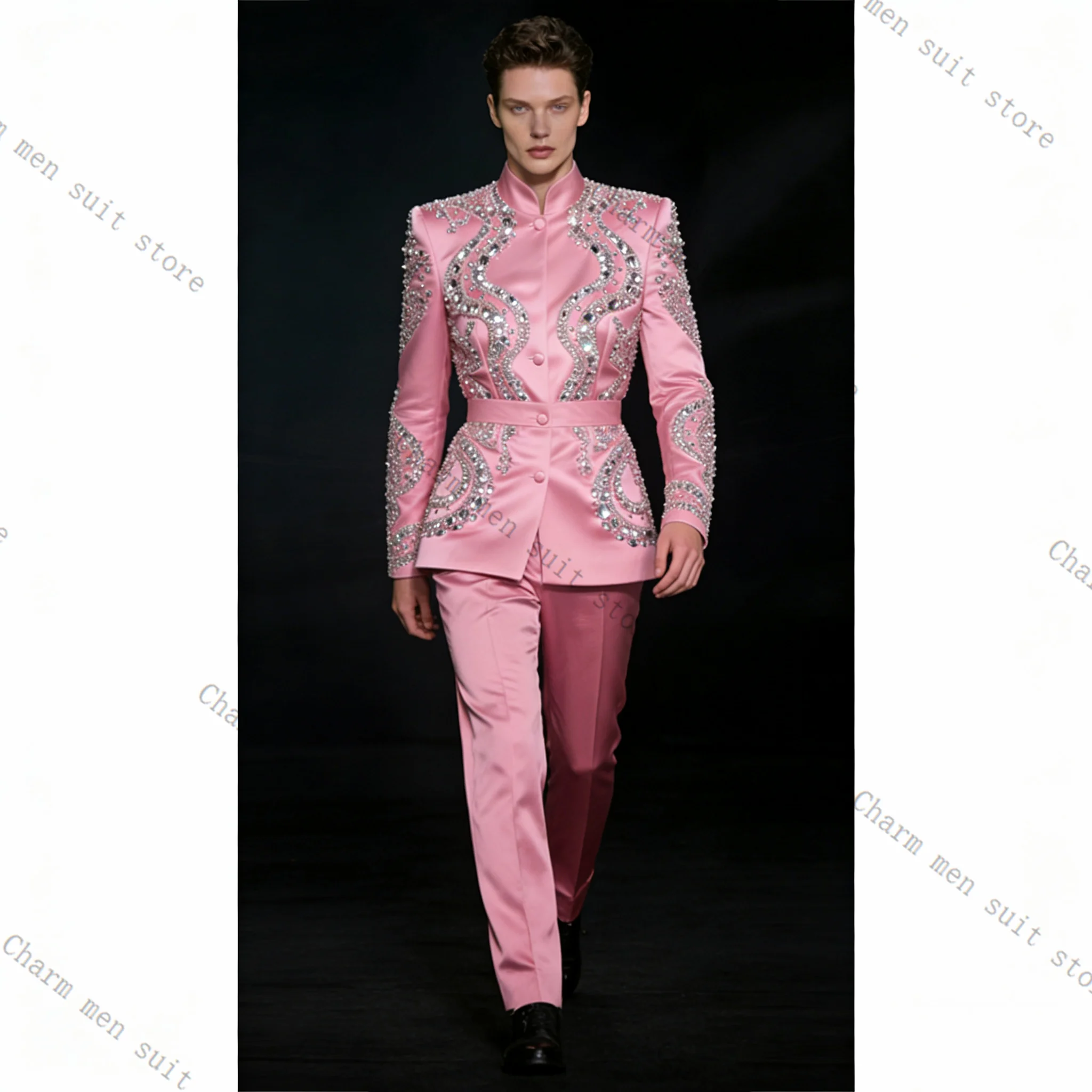 Picture 3: Glitter Crystals Pink Men Suits Set 2 Pcs Satin Blazer+Pants Trousers Wedding Tuxedo Formal Office Business Groom Jacket Coat